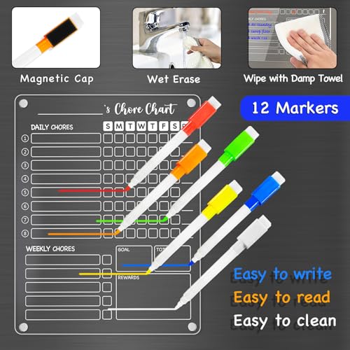 Image of PigPotParty 3 Pack Acrylic Magnetic Kids Chore Chart for Multiple Kids & Family on Fridge - 9.5 inchx12 inch Weekly Dry Erase Chore Board with 12 Fine Point Colorful Markers & 1 Towel