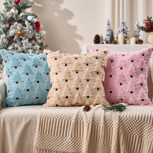 Image of Allorry Christmas Pillow Covers 20x20 inch Set of 2 Pink Christmas Decorations Soft Plush Faux Fur Wool Christmas Tree Throw Pillow Cases Winter Holiday Decor for Sofa Living Room PT002E20