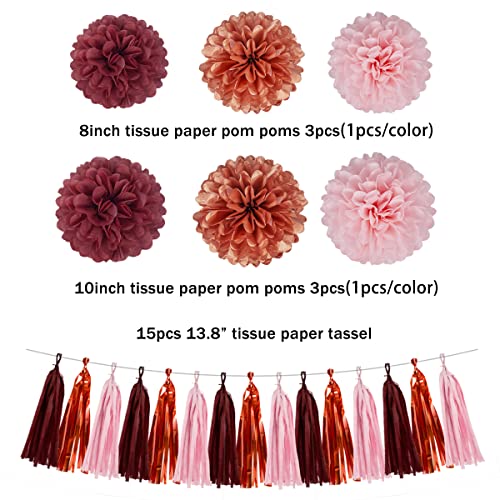 Image of Rose-Gold Pink Burgundy Party Decorations,23pcs Tissue Paper Flower Pom Poms Tassel Garland Pennant Banner Flags Streamers Women Girl Birthday Baby Bridal Shower Engagement Bachelorette Wedding Decor