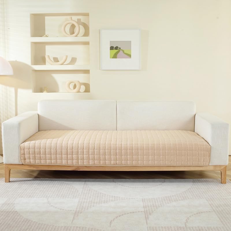 House of Quirk Sofa Covers Furniture Protector 1/2/3/4 Seater Sofa Cover Velvet Check Anti-Slip Stretch Seat Pad from Pets Replacement Protector (Light Brown Checked, 70x180cm)-image-8