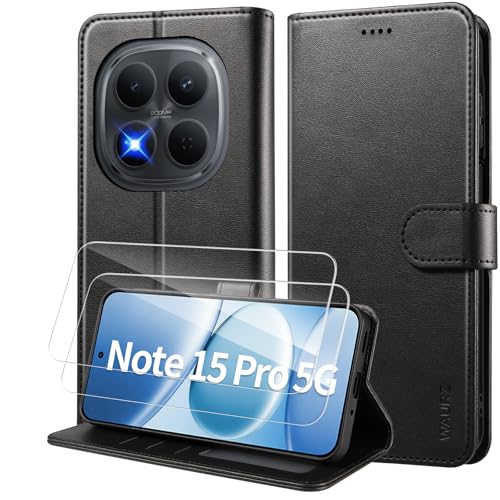 WAURZ Cover per Xiaomi Redmi Note 15 Pro 5G, Custodia in Pelle a Libro con 2 Pellicola Vetro Temperato Protezione Schermo Portafoglio Porta Carte Cuoio Flip Case Libretto Antiurto,Nero