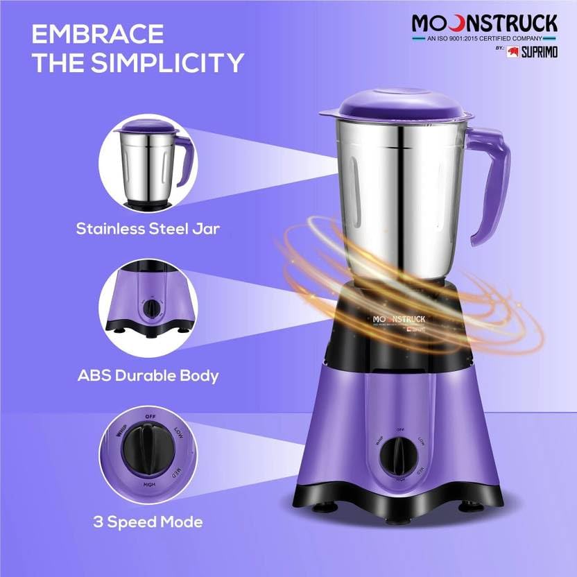 Image of Moonstruck By Suprimo Star Purple Powerful 750 Watt 3 Jar Mixer Grinder Blender With 1100 Watt Dry Iron Mixie For kitchen 2 Years Warranty (Purple)