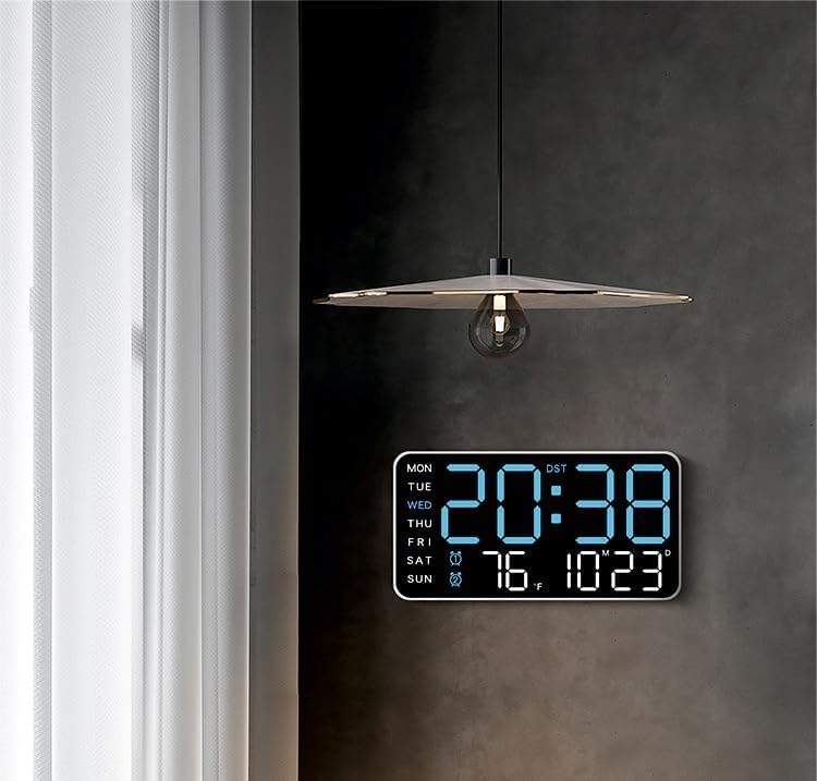 Image of 9 inch LED Digital Wall Clock with Date, Day, Temperature Display & Dual Alarm - USB Powered, Adjustable Brightness - Ideal for Bedroom, Office, Seniors, Home Decor (9 inch REC Blue & White)