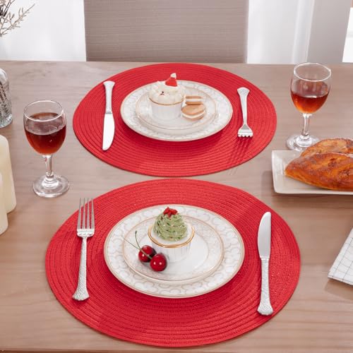 Image of SHACOS 15 inch Round Placemats Set of 6 Braided Non Slip Washable Place Mats for Dining Tables Kitchen Table Mats Home Wedding Party Decor (Red, 6)