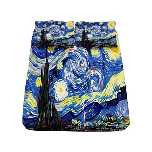Sole Del Villaggio In Stile Van Gogh Lenzuolo con Angoli 150x200 cm - Lenzuola Sotto con Angoli in Microfibra di lenzuola set di biancheria da letto morbido di lusso traspirante Colore
