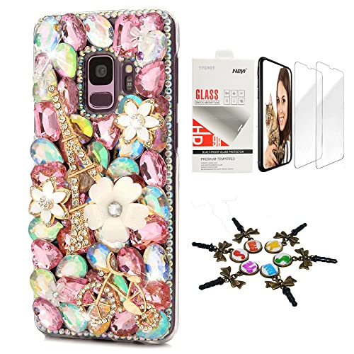 STENES Sparkle Case Compatible with Samsung Galaxy A42 5G Case - Stylish - 3D Handmade Bling Bike Eiffel Tower Flowers Design Cover Case with Screen Protector [2 Pack] - Pink