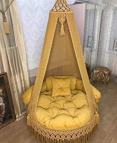Image of KAAHIRA Bohemian Macrame Hanging Swing Chair- Aesthetic Cotton Rope Hammock for Indoor & Outdoor - Patio, Balcony, Bedroom, Living Room, Garden-Kids, Adults & Pets - Boho Decor (Yellow)