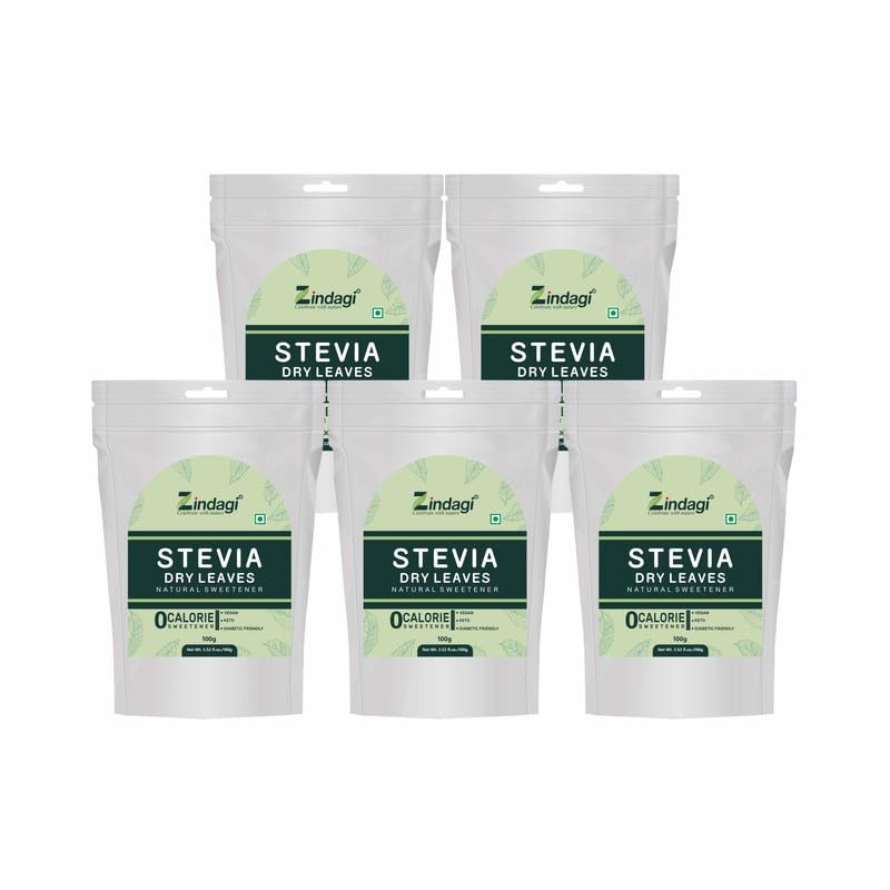 Zindagi Stevia Dry Leaves 100GM (Madhu Tulsi) Herbal Stevia Sugar Free - Natural Fat-Free Sweetener (Buy 4 Get 1 Free)
