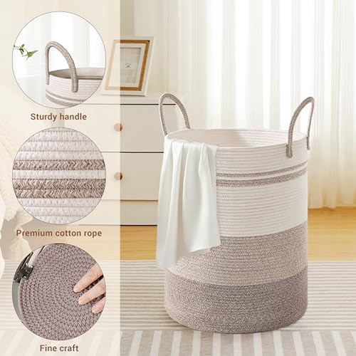 Image of 58L Tall Cotton Rope Laundry Basket with Handles, Brown Striped