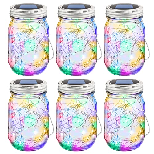 Mlambert Multicolor RGB Mason Jar Solar Lights 30 LEDs, 6 Pack Hanging Outdoor Waterproof Fairy Lights Solar Lanterns Hangers and Jars Included Mlambert Multicolor RGB Mason Jar Solar Lights 30 LEDs, 6 Pack Hanging Outdoor Waterproof Fairy Lights Solar Lanterns Hangers and Jars Included