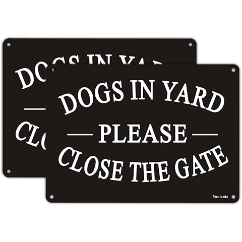 Dogs in Yard Please Close the Gate Sign, Yuntarda(2 Pack) 10x7inches Reflective Metal Signs 0.40 Aluminum Sign Pre-Drilled Holes For Easy Mounting for Fence Door or Gate
