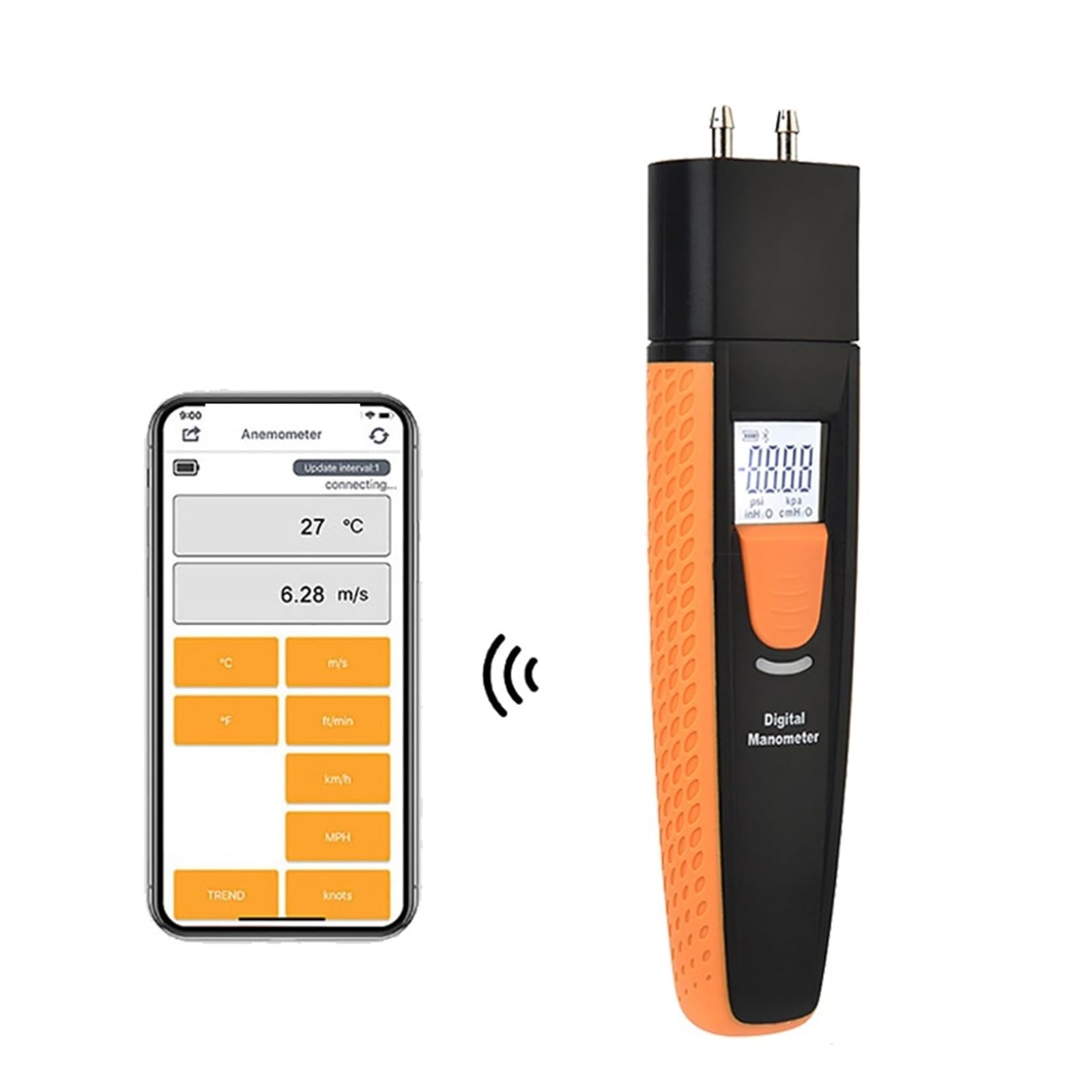 Manómetro digital Medidor de presión aire doble puerto HVAC Probador gas diferencial Bluetooth-compatible