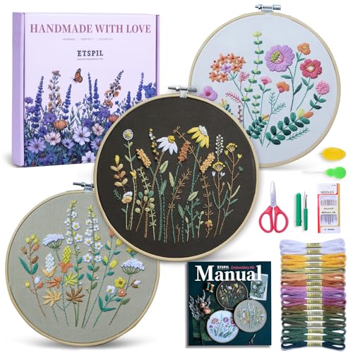 ETSPIL Beginner Embroidery Kit for Adults, 4K HD Video Tutorials, Pre-Printed Botanical Floral Designs, Essential Stitches & Bound Guide, Relaxing Screen-Free Activity for Women at Home