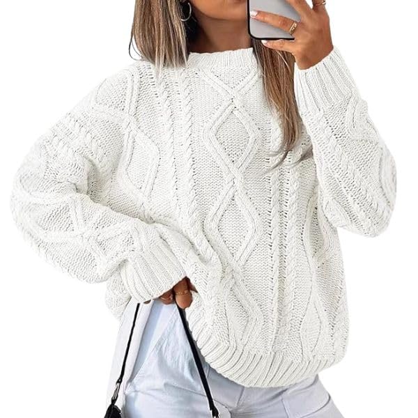 JUNPICK Womens Cable Knit Sweater Long Sleeve Round Neck Sweater Casual Loose Oversize Pullover