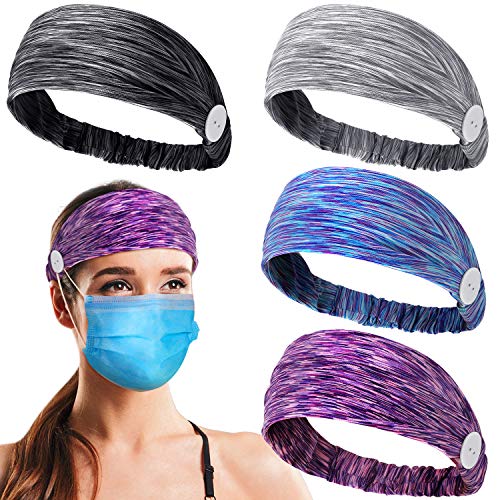 4 Pieces Elastic Headbands with Buttons Wide Non-slip Headband Yoga Button Head Bands Stretchy Sweatbands Protect Ears for Women Men (Black Gray Blue Purple)
