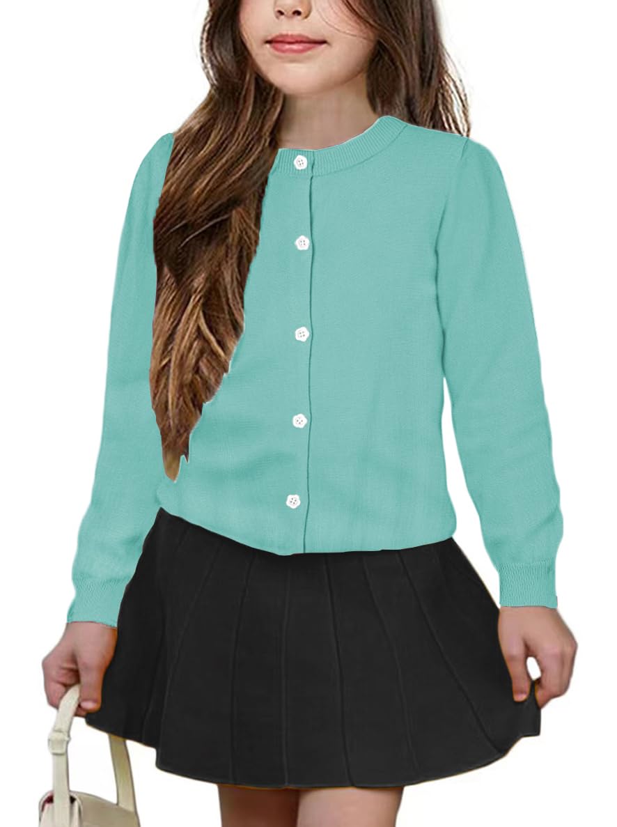 Girls' Cardigan Sweater [Cute Petal Buttons] Cotton Long Sleeve Crewneck Uniform Sweater for 5-14 Years Girls