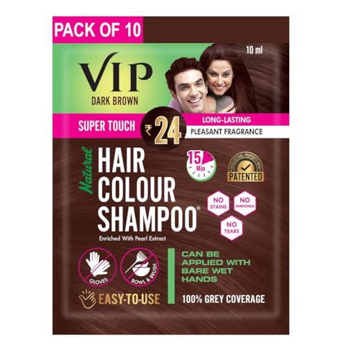 Image of VIP Hair Colour shampoo Semi Permanent Hair Color at home with 100% Grey Coverage, Travel Friendly Pocket Dark Brown Sachet, 10ml(Pack of 10)