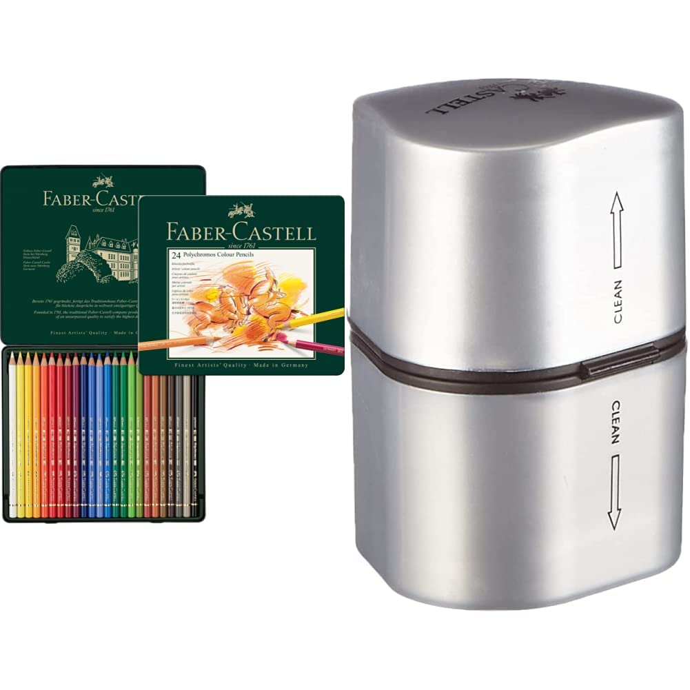 Faber-Castell 110024 Crayon de couleur Polychromos boîte métal de 24 pièces & 183800 Taille-crayon GRIP 2001 Trio argent