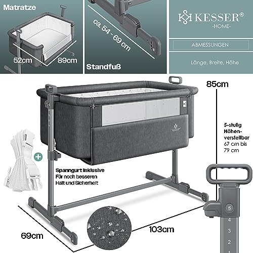 KESSER® Zustellbett Hubi 3in1 Baby Beistellbett Reisebett Babybett mit weich Matratze mit Rollen Kinderbett 5Fach Höhenverstellung Faltbare Seitenwand für Zuhause und Unterwegs + Spanngurt Dunkelgrau