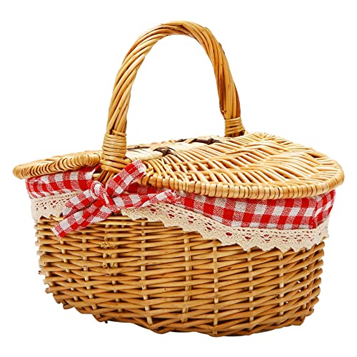 Cesta de picnic de mimbre estilo rústico con tapa y asa y forros para picnics, fiestas y barbacoas