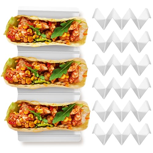 ZJRDYYK Stainless Steel Taco Holder Stand, 6 Pack Taco Trays for Party, Oven Safe for Baking, Dishwa Sher and Grill Safe, Taco Plates with Dividers, Taco Bar Serving Set