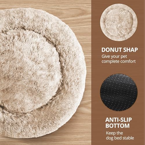 Image of JOLLYVOGUE Calming Dog Beds Large Sized Dog, 36in Donut Washable Large Pet Bed, Anti-Slip & Anti-Anxiety Fluffy Faux Fur Round Dogs Bed, Fits up to 80 lbs Pets (Cream Brown)