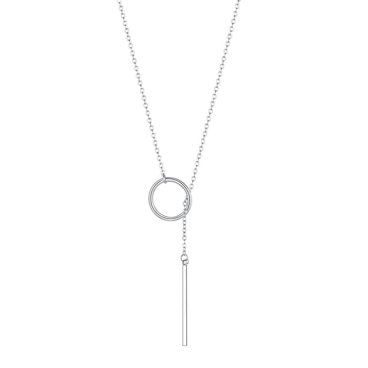 FOCALOOK Donna Collana Y Lunga Regolabile Pendente Bar Cerchio Piccolo Delicato Semplice Chic Gioiello alla Moda Catena Rolo Sottile Placcato Platino/Oro Argento/Nero/Oro - Incisione Gratuita