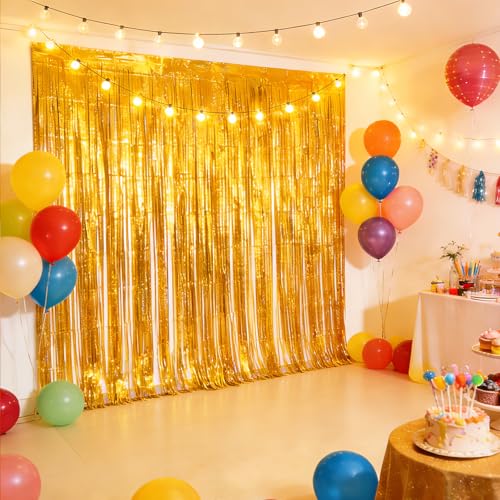 Image of 4Pcs Gold Fringe Backdrop 12.8x8.2 Feet Glitter Metallic Tinsel Foil Fringe Curtain, Gold Backdrop Curtain Door Streamers for Birthday Graduation Bachelorette Disco Christmas Party Decorations