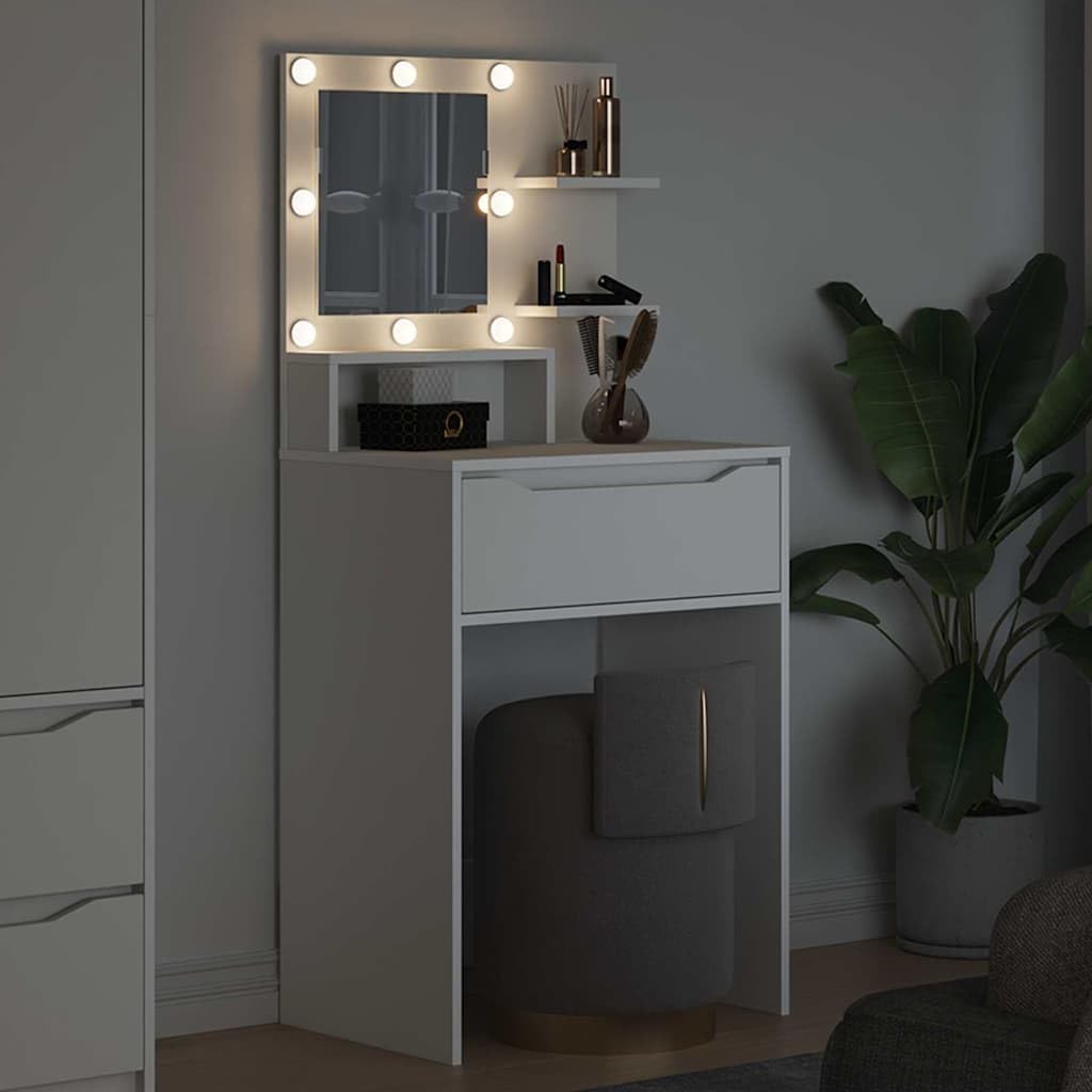 Tavolo da toeletta con specchio e illuminazione a LED, bianco, 80 x 39,6 x 135 cm, in legno con cassetto, vano portaoggetti e tappetino di ricarica wireless, per camera da letto, cameretta