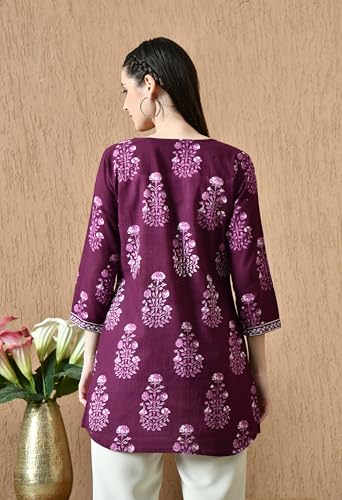 Image of Amazon Brand - Tavasya Women Floral Printed Round Neck Pure Cotton Regular Fit Kurti | Everyday & Office Wear Kurta | Modern Ethnic Top