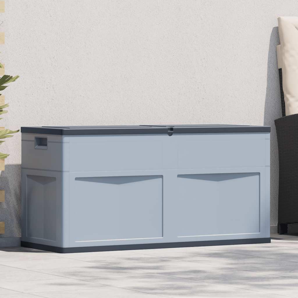 Générique Aufbewahrungsbox für den Garten, 320 Liter, grau schwarz, robuste Kunststoffbox für Kissen, Decken und Werkzeug, Innen- und Außenbereich, zeitloses Holzdesign