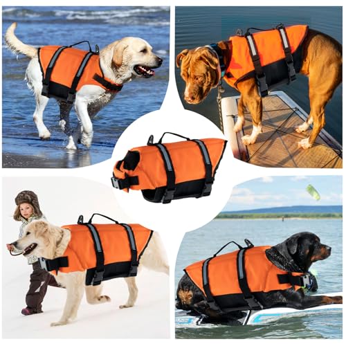 Schwimmweste Hund, FainFun Schwimmweste Hund Orange, für Klein und Groß Hunde Ripstop und Reflektierende, Verstellbare Größe mit Starkem Auftrieb und Schwimmen Rettungsgriff (Orange, XS)