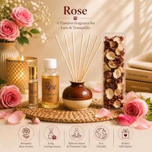 Image of AuraDecor Reed Diffuser Gift Set with Potpourri, Fragrance Oil & 6 Reed Sticks | Air Freshener for Living Room, Bedroom & Office | Decorative Aroma Diffuser Gift Set (Rose, X-Large)