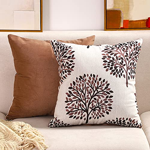 COFEDE 2er Set Samt Kissenbezug 45x45cm Braun Baum Muster Deko Kissenbezüge Natur Bequem Kissenhülle mit Verstecktem Reißverschluss Cover