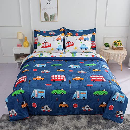 Wajade Cartoon Cars Comforter Set Bed In A Bag Full Size Colorful Cars Bus Van Traffic Lights Bedding Set For Boys Kids (1 Comforter, 1 Flat Sheet, 1 Fitted Sheet, 2 Pillowcase And 2 Pillow Sham) #TOP1