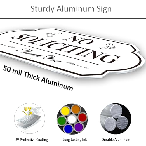 Image of Heavy Duty No Soliciting Sign for House - All Metal Construction No Soliciting Yard Sign - 14 inch x 7 inch - Aluminum - with 28 inch Long Stake (BLACK and WHITE)