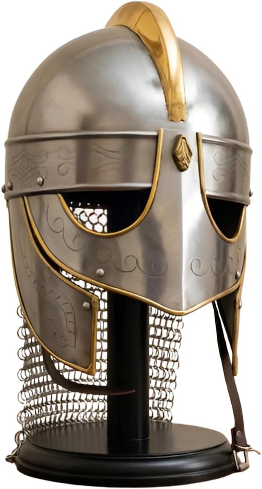 Ancient Greek Spartan Helmet with Chainmail Coif – Steel Medieval Warrior Helmet with Gold Accents for Cosplay, LARP, Reenactment & Display – Adult Size 24–25 Inch