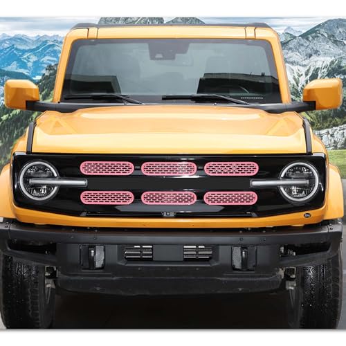 Image of Front Grill Mesh Grille Inserts Cover Frame Trims Kit 6Pcs Fit for Ford Bronco 2021-2026 2 /4 Door Exterior Accessories (Pink)