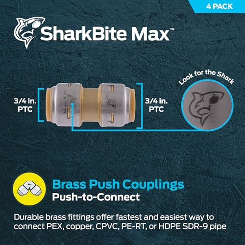 Image of SharkBite Max 3 /4 Inch Coupling, Pack of 4, Push to Connect Brass Plumbing Fitting, PEX Pipe, Copper, CPVC, PE-RT, HDPE, UR016A8