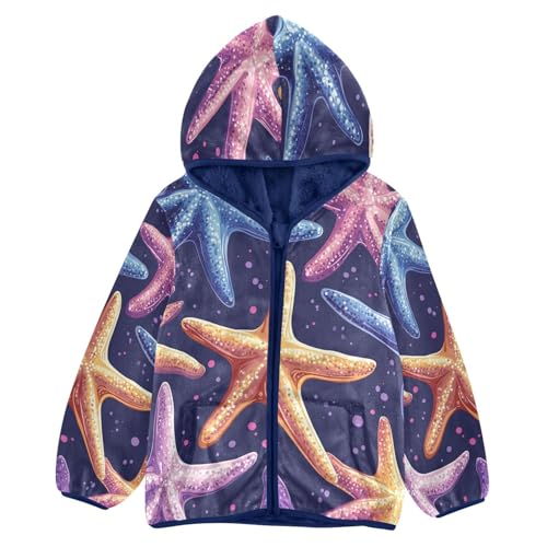 Colorful Starfish Pattern Toddler Fleece Jacket Girl Boys Hooded Fleece Jacket Coat Warm Outwear Zip-up 3-10T