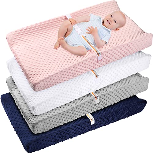 Image of 4 Pack Changing Pad Cover Soft Dots Plush Changing Table Covers Breathable Changing Table Sheets Cover Wipeable Changing Pad Covers Suit for Baby Boy and Baby Girl