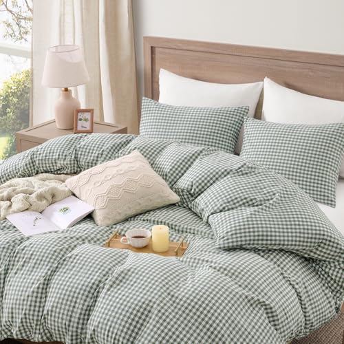 Image of Andency Sage Green Gingham Duvet Cover Queen, 100% Wash Cotton Linen Like Textured Breathable Comforter Cover Set, 3 Piece Classic Yarn-Dyed Checkered Plaid Bedding Set, 90 inch*90 inch