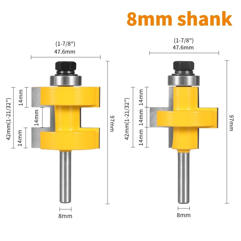 2 teile/satz Nut Und Feder Fräser Set, 8mm 12mm 12,7mm 90 Grad Holzbearbeitung Nut Meißel Cutter werkzeug Mit Kantenanleimmaschine (Color : One colour, Size : 8x47.6x14)