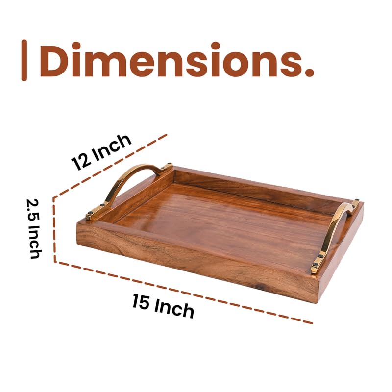 Image of Wooden Serving Tray with Stylish Handles - 15 Inch Rectangular Wooden Tray for Coffee Table, Kitchen, Breakfast & Home Decor | Multipurpose Organizer & Gift (Brass Finished Metal Handle)
