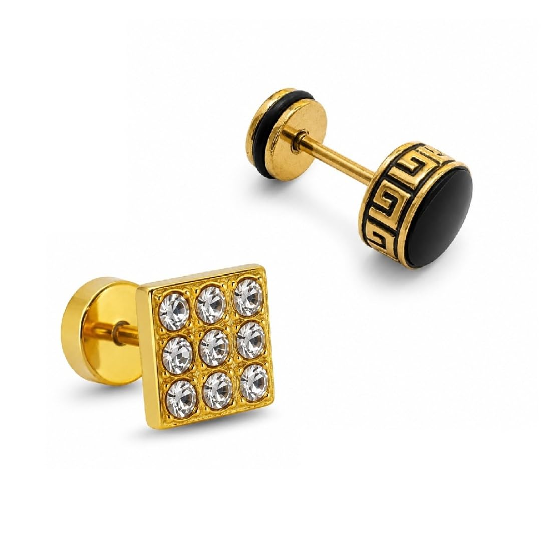 Combo of Men Golden Square Crystal & Golden Round Black Ear Earrings Stylish Studs for Daily Wear Party Look-image-24