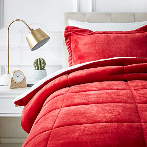 AmazonBasics Ultra-Soft Micromink Sherpa Comforter Bed Set, Twin, Red - 2-Piece