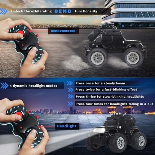 Image of popsugar Off Roader Rechargeable Remote Control Car | RC Car Monster Truck | 4 Headlight Modes | Lithium Battery | C-Type Charging | 2.4GHz Remote Controller | Made in India, Black