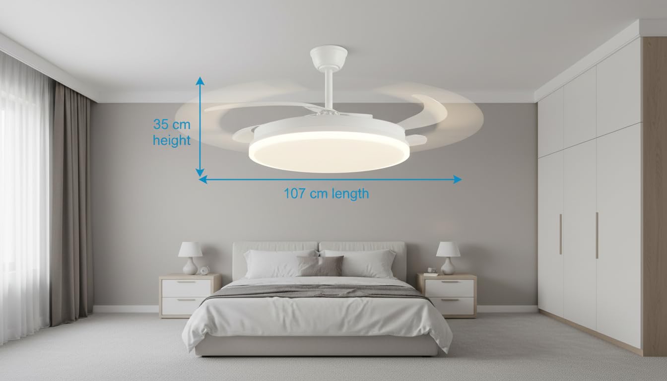 Ventilador de Techo LED, Blanco, con Mando a Distancia y Temporizador – 3 Aspas Transparentes, Motor DC, 6 Velocidades, 4900 lm, 3 Tonos de Luz (3500K/4000K/6500K), Ø107 cm, MD1401