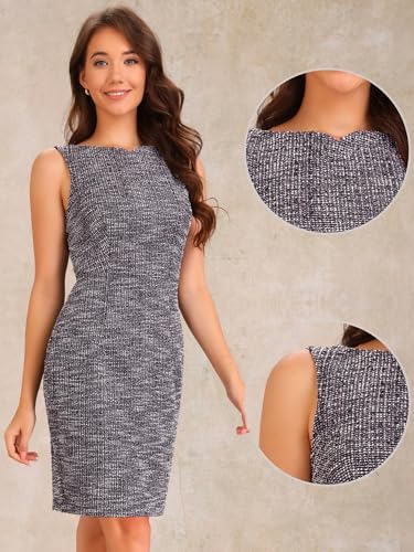 Allegra K Tweed Dress for Women's Business Boat Neck Sleeveless Plaid Sheath Dresses2