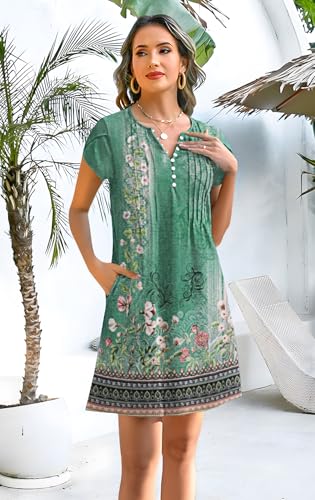 Image of Disamer Womens Casual Dresses Short Sleeve Summer Dresses 2026 Boho Floral Beach Sundresses Spring A-Line Dress with Pockets